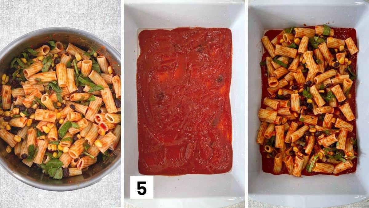 Set of three photos showing the pasta being tossed with ingredients, casserole dish with sauce, then filling added to the dish.