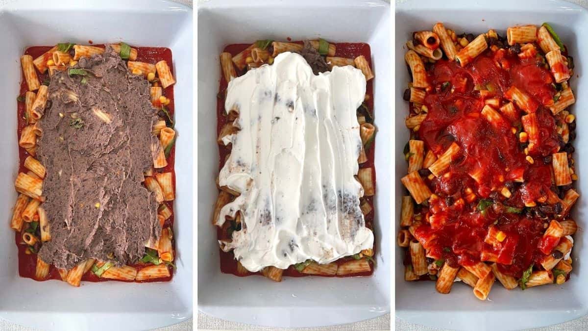 Set of three photos showing the bean pasta added then sour cream, and more sauce.