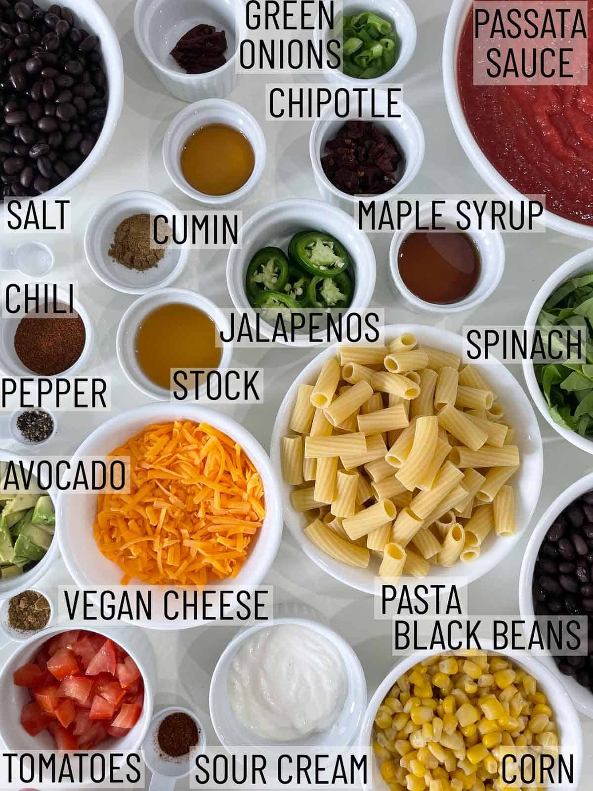 Ingredients for a Mexican pasta casserole