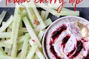 Pinterest graphic of a plate of summer melon sticks with the text overlay "melon fries lemon cherry dip."