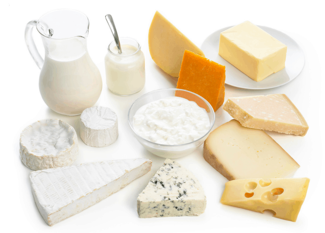 Cows milk protein foods including cheese, yogurt, and milk on white surface.