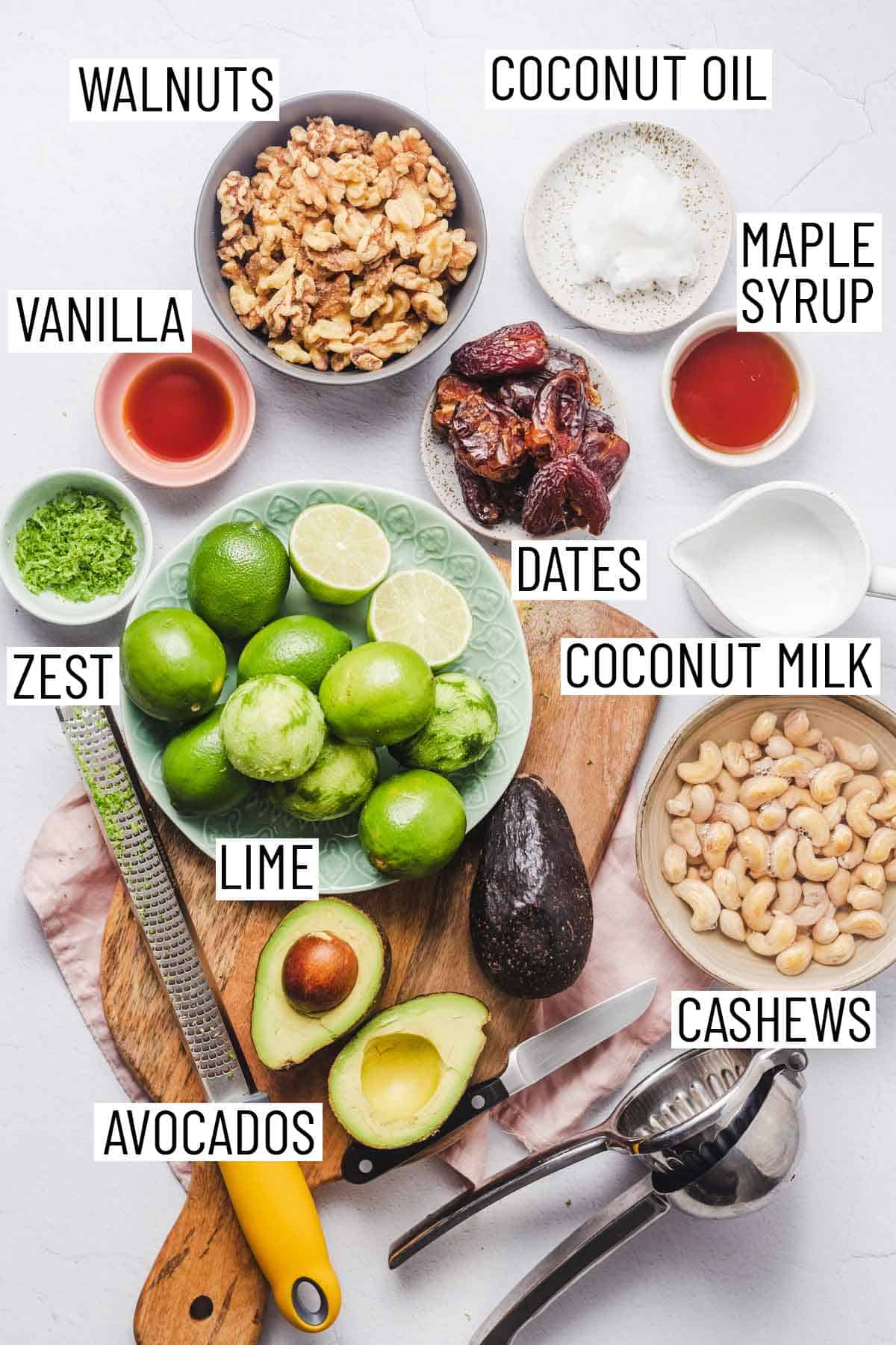 Ingredients needed to make vegan key lime pies.