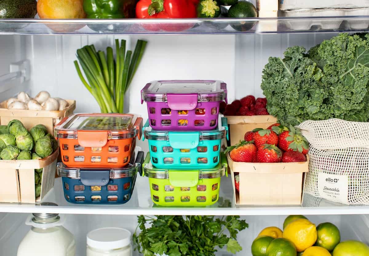 Prepped food in an organized fridge.