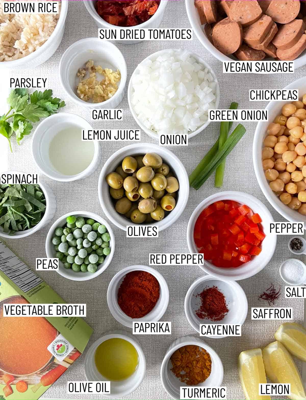 Ingredients needed to make vegan paella.