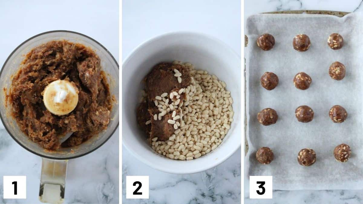 Set of three photos showing how to blend and mix the ingredients and roll them into a ball.