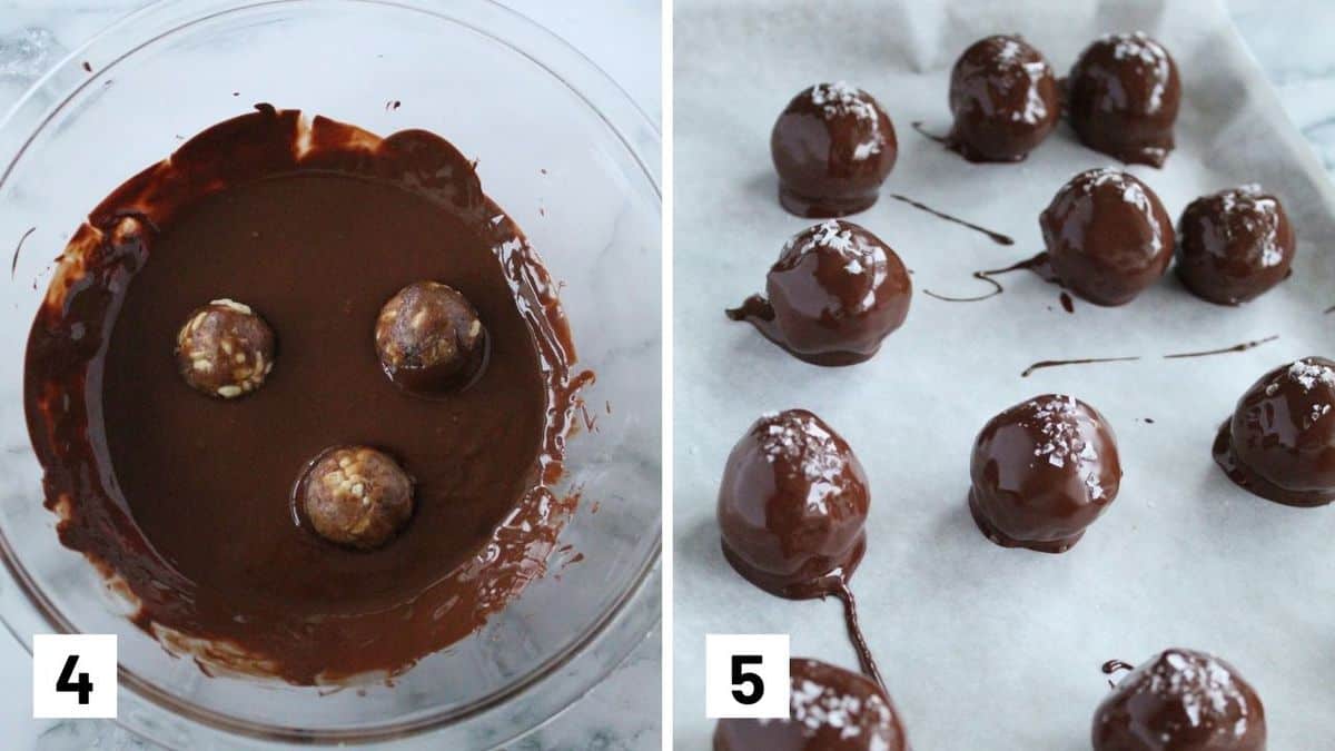 Set of two photos showing the balls dipped in melted chocolate and set to harden.