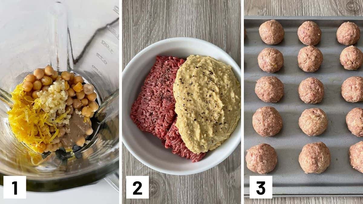 Set of three photos showing the hummus being made and blended with the beef to make balls.