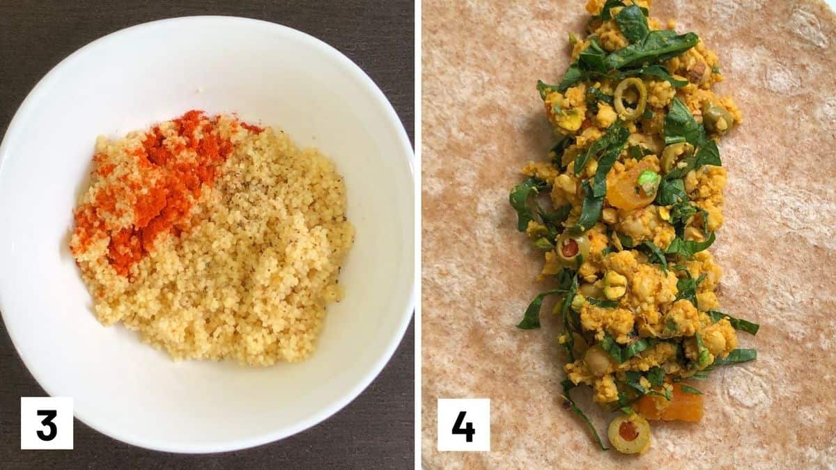 Set of two photos that show the couscous seasoned then the filling added to the wrap.