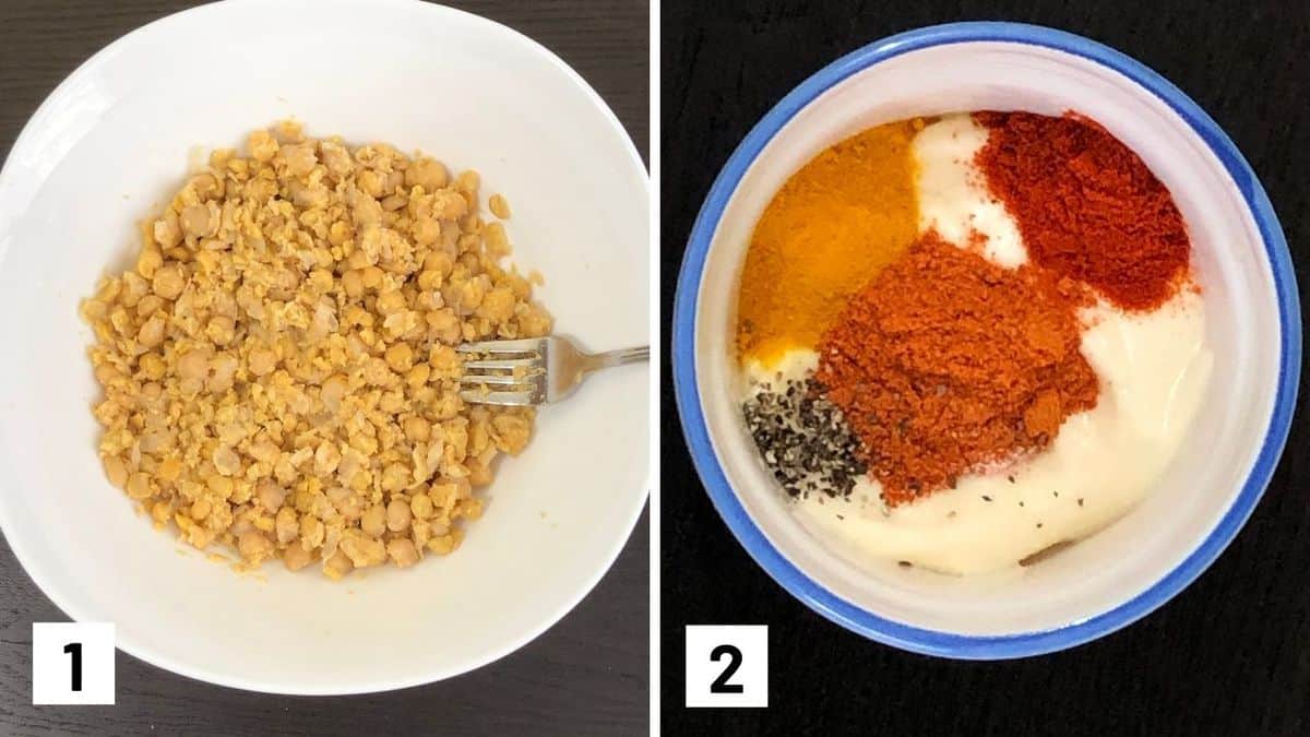 Set of two photos showing chickpeas being mashed and mayo being seasoned.