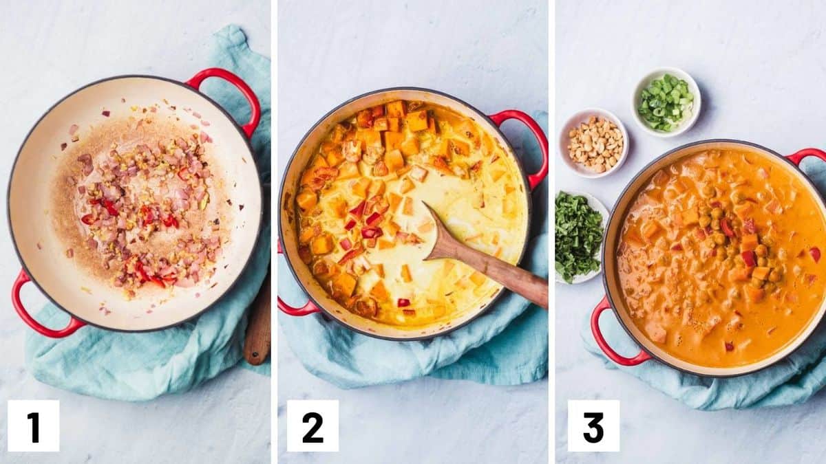 Set of three photos showing a dutch oven with aromatics sauteed, ingredients added, and simmered.