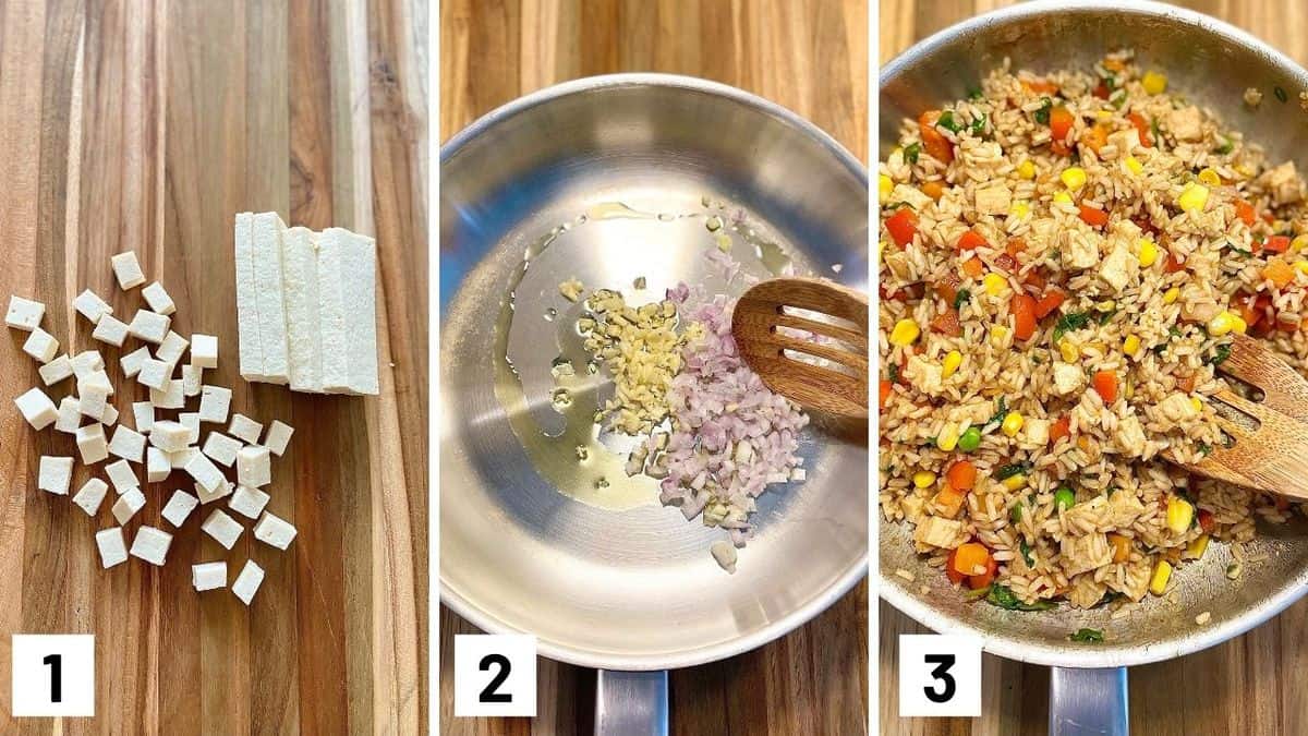 Set of three photos showing tofu cut into cubes, aromatics sauteed, and the rest of the ingredients added to the pan.