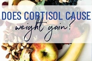 Pinterest graphic of a bunch of produce with the text overlay "does cortisol cause weight gain?"