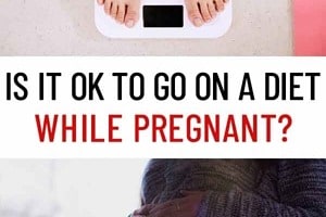 Pinterest graphic of a person on a scale and a pregnant belly with the text overlay "is it ok to go on a diet while pregnant?"