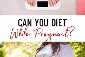 Pinterest graphic of a person on a scale and a pregnant belly with the text overlay "can you diet while pregnant?"