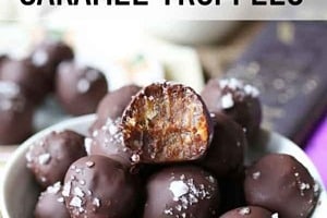 Pinterest graphic of a bowl of truffles with the text overlay "Vegan + No Added Sugar Caramel Truffles."