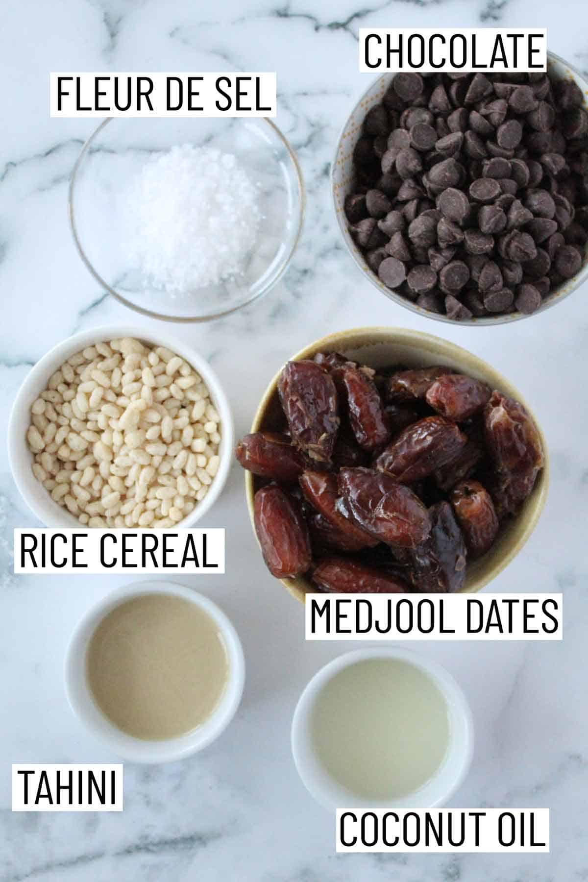 Ingredients needed to make Caramel Truffles with Tahini and Dates.