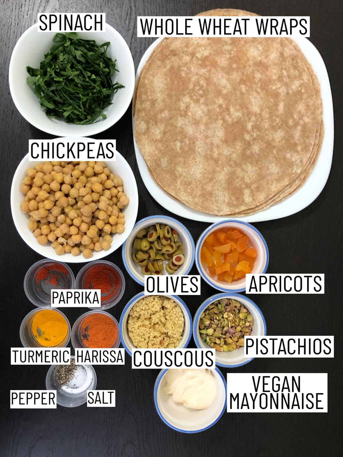 Ingredients needed to make vegan chickpea salad wraps.