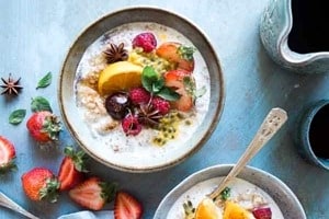 Pinterest graphic of bowls of yogurt with the text overlay "best diet for pcos? registered dietitian explains."