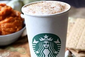 Pinterest graphic of a cup of PSL with the text overlay "Starbucks Copycat pumpkin spice latte."