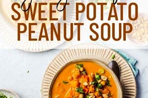 Pinterest graphic of a overhead view of two bowls of soup with the text overlay "vegan, gluten-free sweet potato peanut soup."