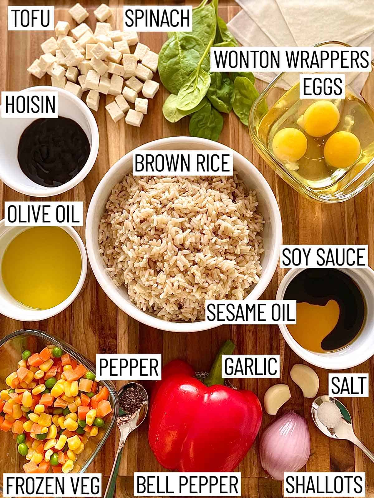 Ingredients needed to make tofu fried rice wonton cups.