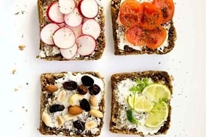 Pinterest graphic of six piece of toast with toppings with the overlay text "weight loss with intuitive eating."