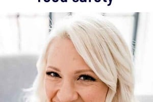 Pinterest graphic of a woman eating with the text overlay "Registered Dietitian's guide to pregnancy food safety."