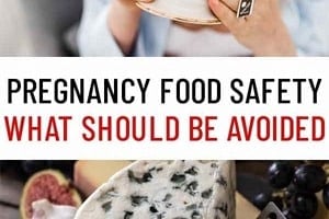 Pinterest graphic of a woman drinking from a mug and a platter of cheese, figs, garlic, herbs with the text overlay "pregnancy food safety what should be avoided."