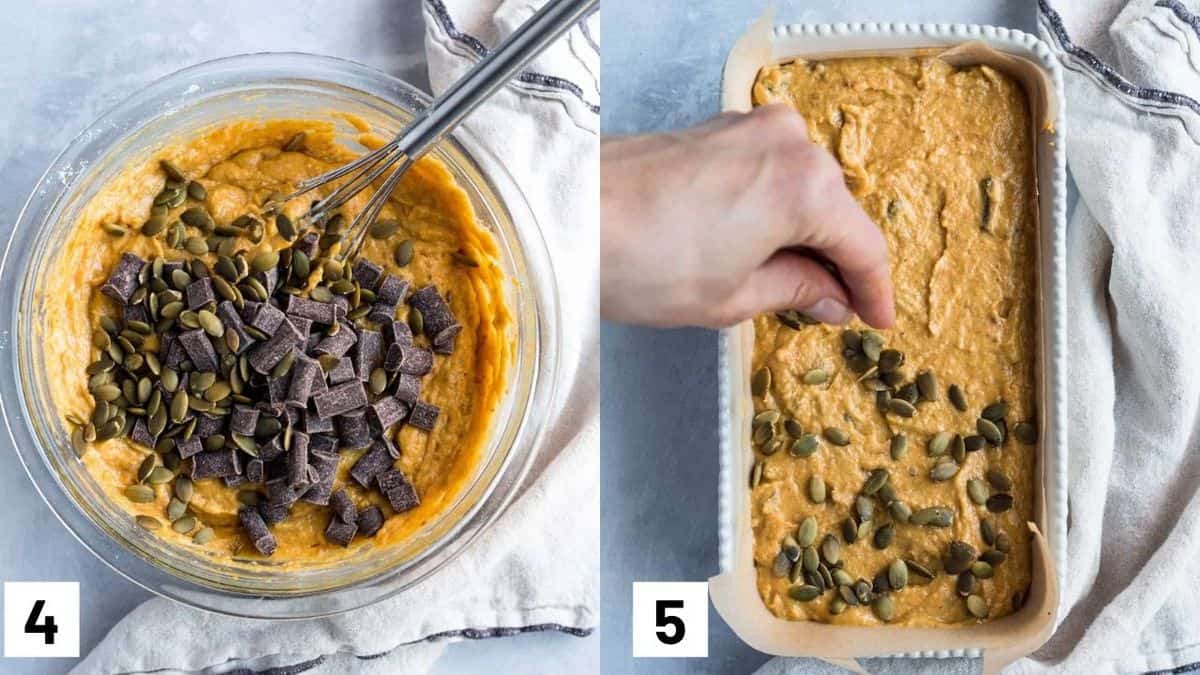 Two side by side images showing how to add in the chocolate chips and sunflower seeds and layer in a baking pan.