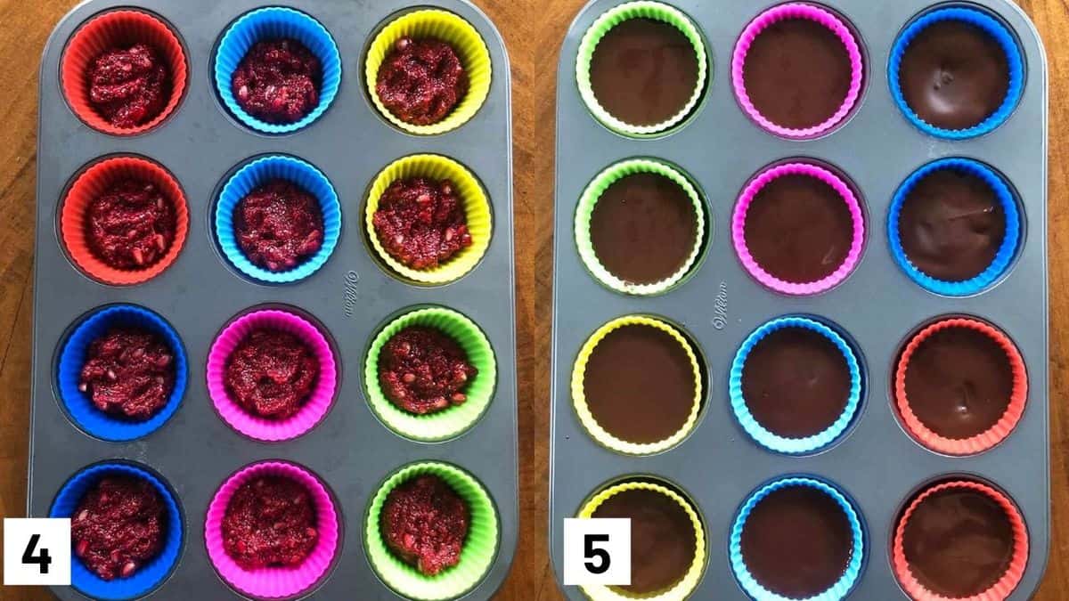 Two side by side images showing how to prepare chocolate cups in silicone molds.