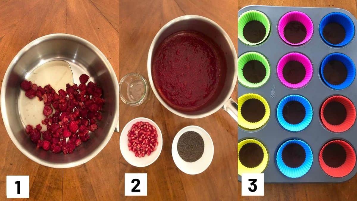 Three side by side images showing how to prepare chia jam for the filling.