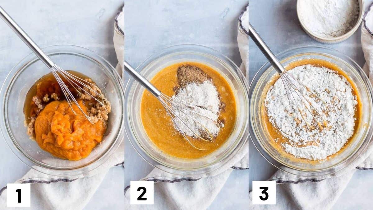 Three side by side images showing how to prepare batter.