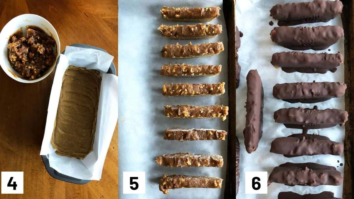 Side by side process shots of homemade snickers bars being assembled on a tray.