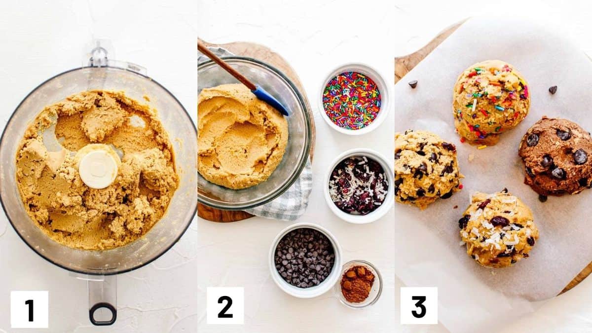 Three side by side images showing how to prepare recipe including pureeing ingredients in a food processor, mixing with add ins, and laying on parchment paper to refrigerate. 