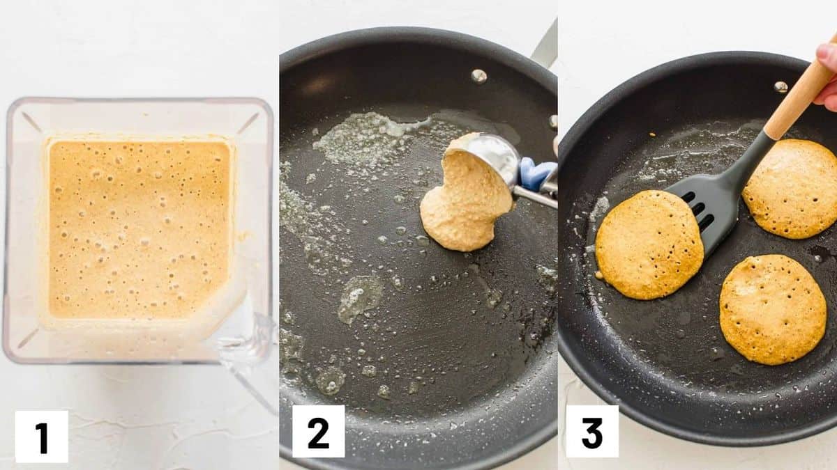 Three side by side images showing how to prepare pumpkin pancakes.