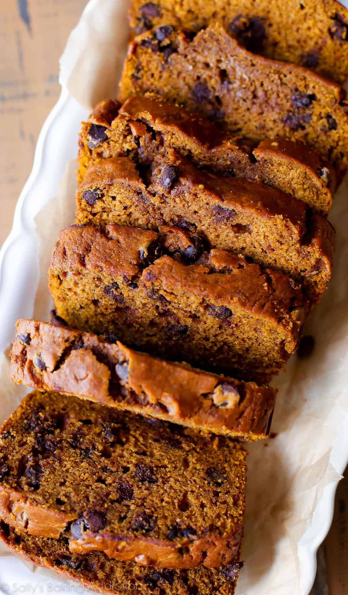 Close up of sliced pumpkin chocolate chip bread.