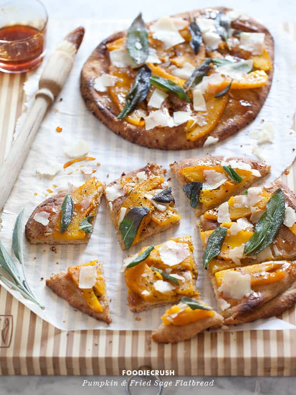 Pumpkin flatbread with fried sage and cheese.
