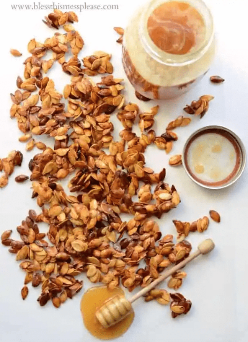 Honey spiced pumpkin seeds on a table.