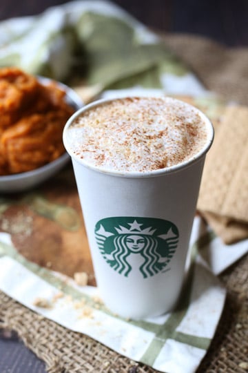 Starbucks cup with a homemade pumpkin spice latte.
