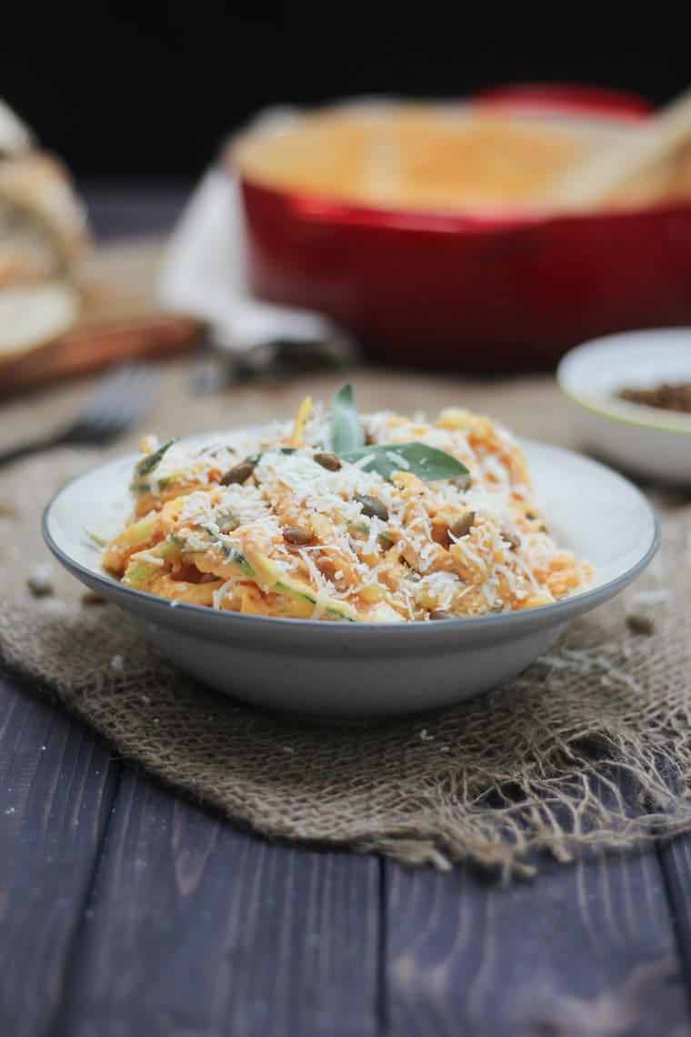 Pumpkin zucchini noodles with pumpkin seeds.