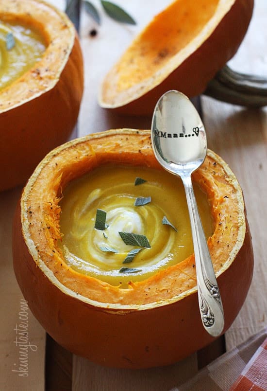 Pumpkin and sage soup with a pumpkin as the bowl.