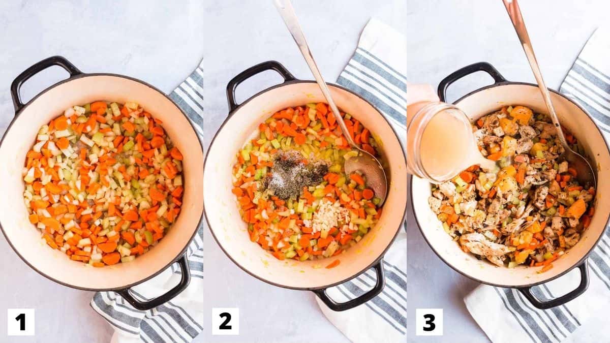 Three side by side images showing how to prepare soup. 