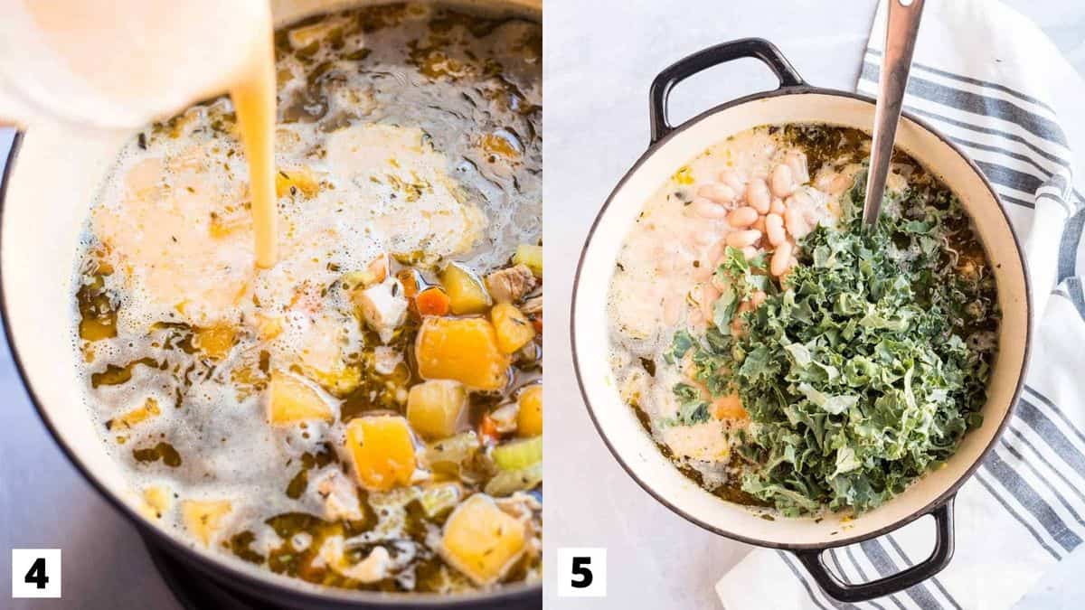Two side by side images showing how to prepare soup. 