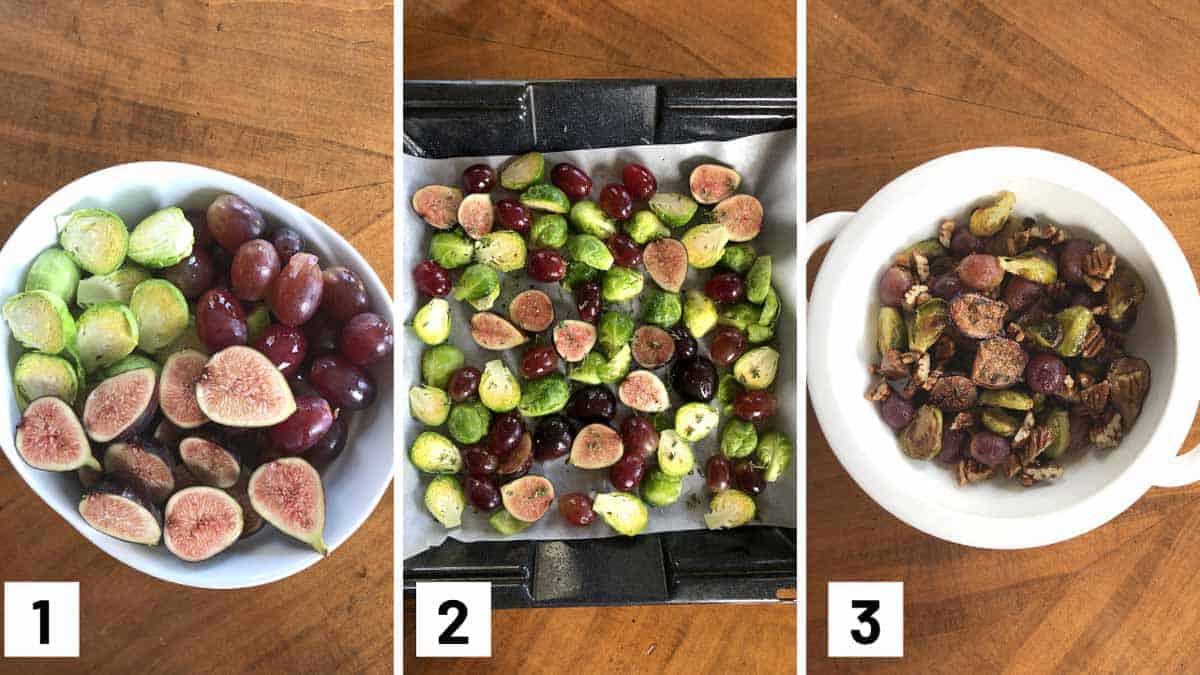 Steps 1-3 process shot of oven roasted balsamic brussels sprouts with grapes and figs being made.