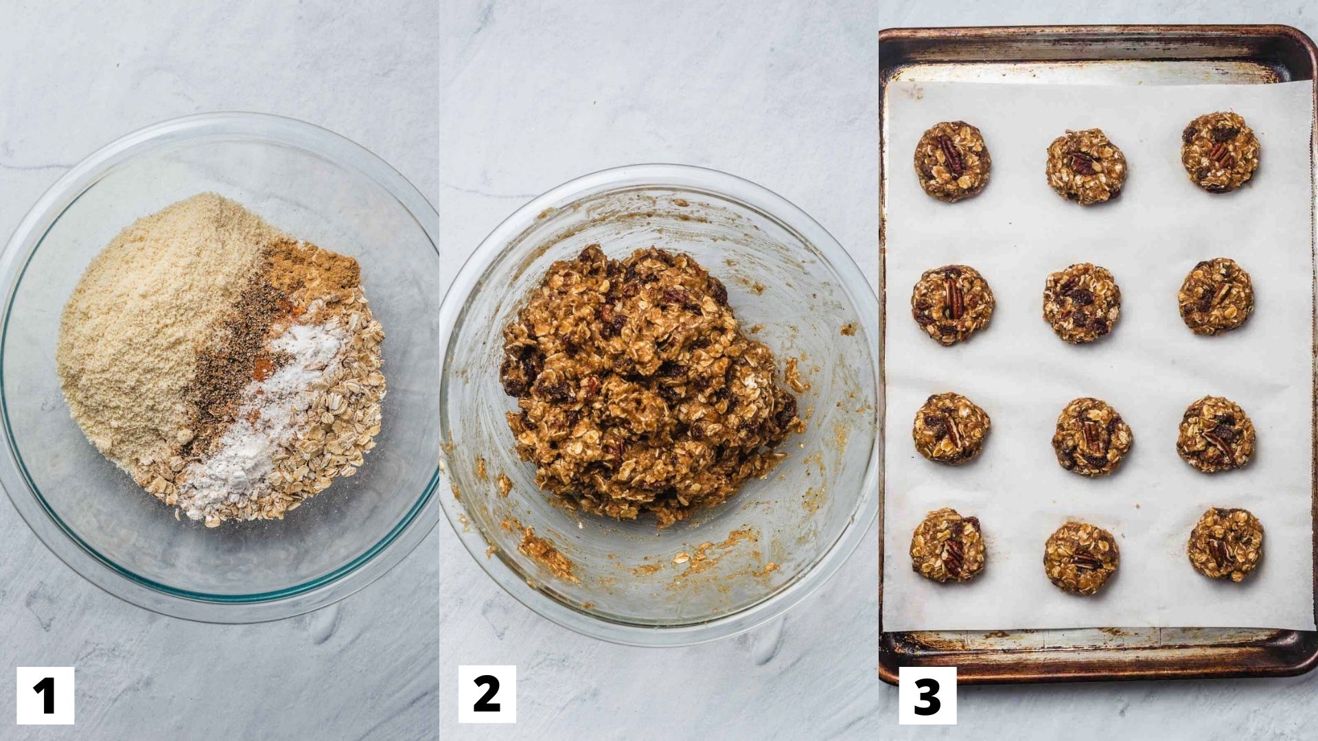 Three side by side images showing how to make the cookie batter for the chai cookies and how to assemble on a baking sheet.