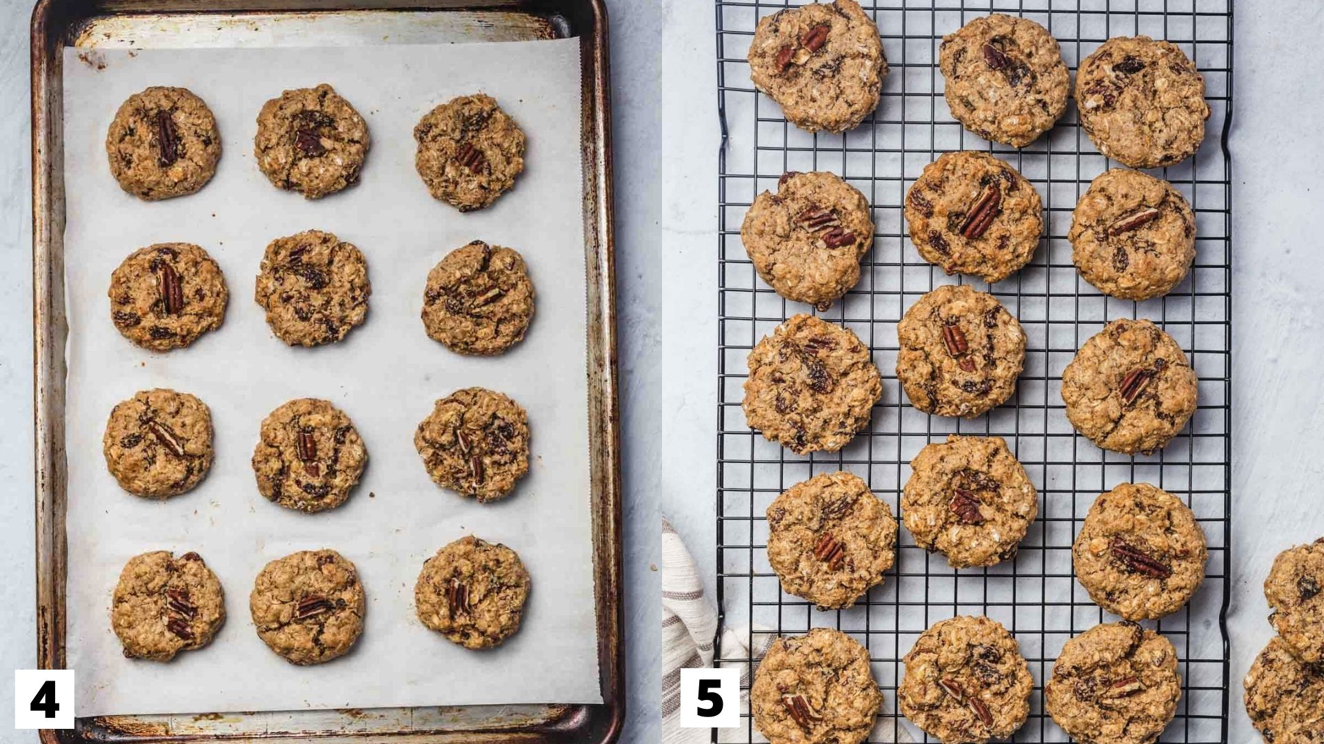 Two side by side images of the chai cookies first on a baking tray then transferred to a cooling rack.