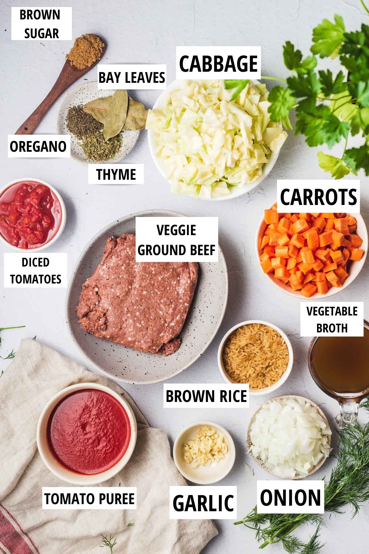 Picture of ingredients with labels for soup recipe.