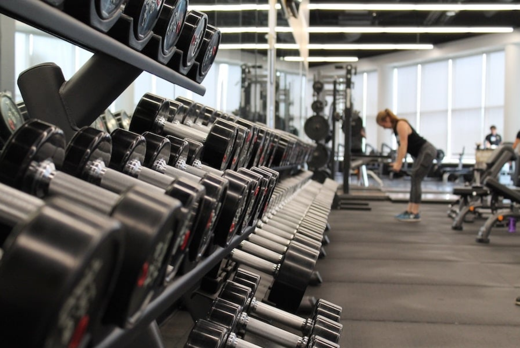 Rack of dumbbells in a gym.