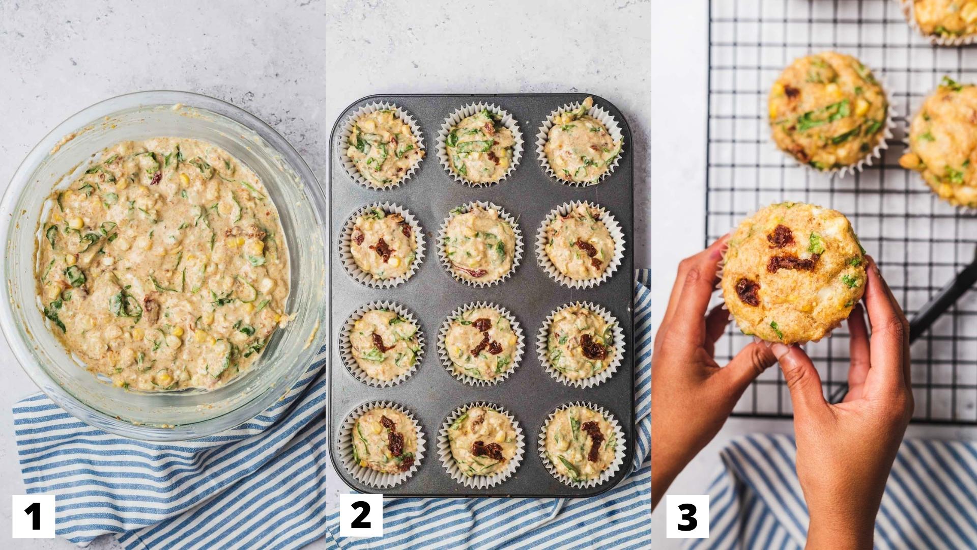 Steps 1 to 3 of how to make savoury muffins.