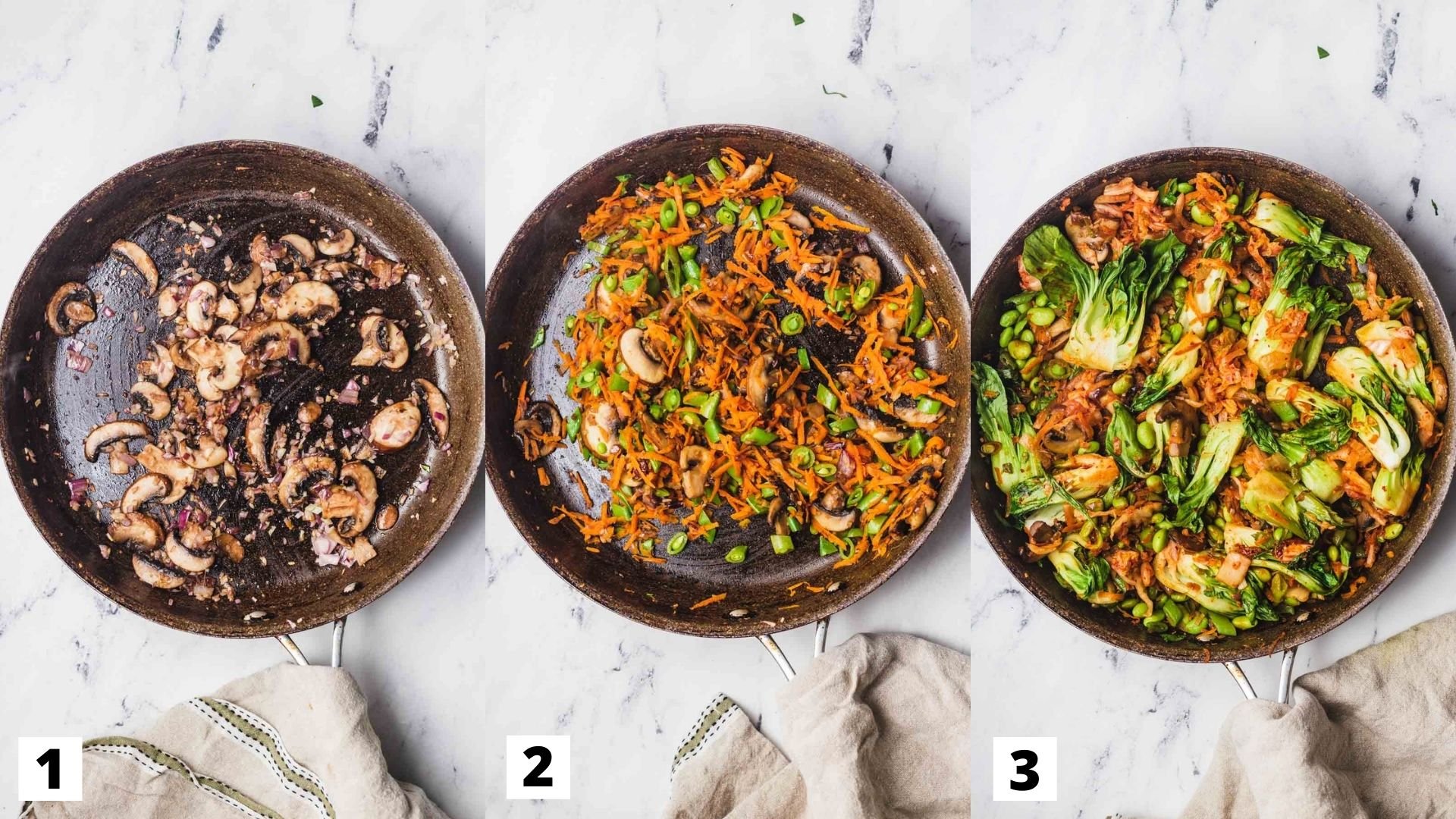 A three-step process shot of the cooking steps for the fried rice dish featuring a large skillet with sautéed mushrooms, onions, shredded carrots, and bok choy on marble counter. 